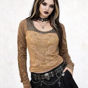 Save The Queen Embellished Top size XL Khaki Metallic Mesh Y2k Gothic Fairycore